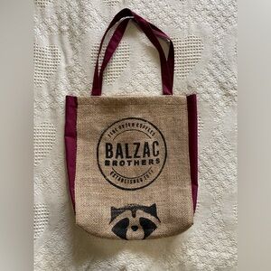 Tote bag with authentic coffee jute overlay Hand-crafted one-of-a-kind. Burgundy